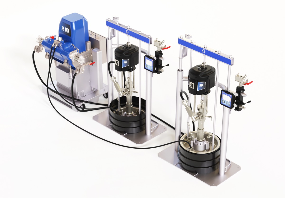 La configuration du système pour le test de distribution du produit Bondway à deux composants comprend un système HFR de conception Élite et des pompes d'alimentation de 100 cc aussi de conception Élite.