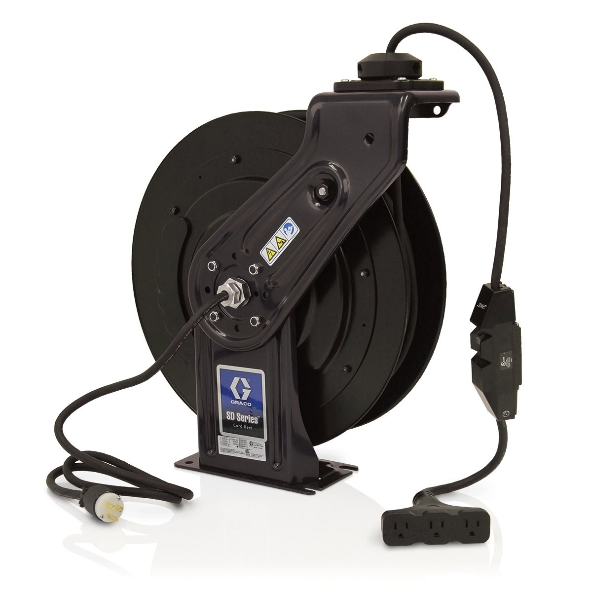 SD™ 5 Series 120 Volt Cord Reel - Tri-Plug GFCI Industrial Receptacle - 50  ft (15 m), 12 AWG, 15 Amp Cord - Black